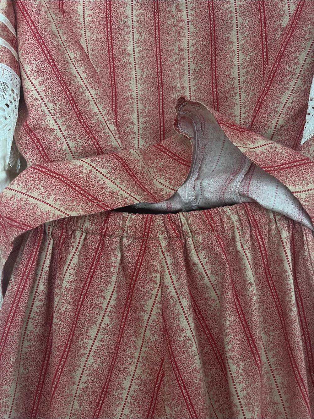 Recollections: Victorian-Inspired Striped Rust Dress with Lace Sleeves - Picture 7 of 8
